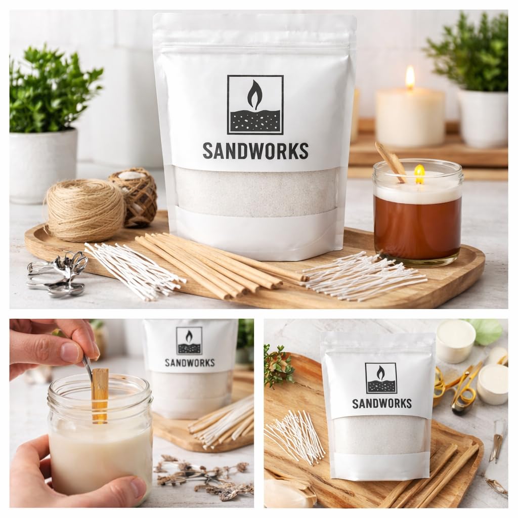 SANDWORKS Sand Wax Candle Making Kit – 5 Wooden Wicks & 15 Cotton Wicks, 500 g Premium Fragrance-Free Sand Wax (Sunstone Sand (Yellow)