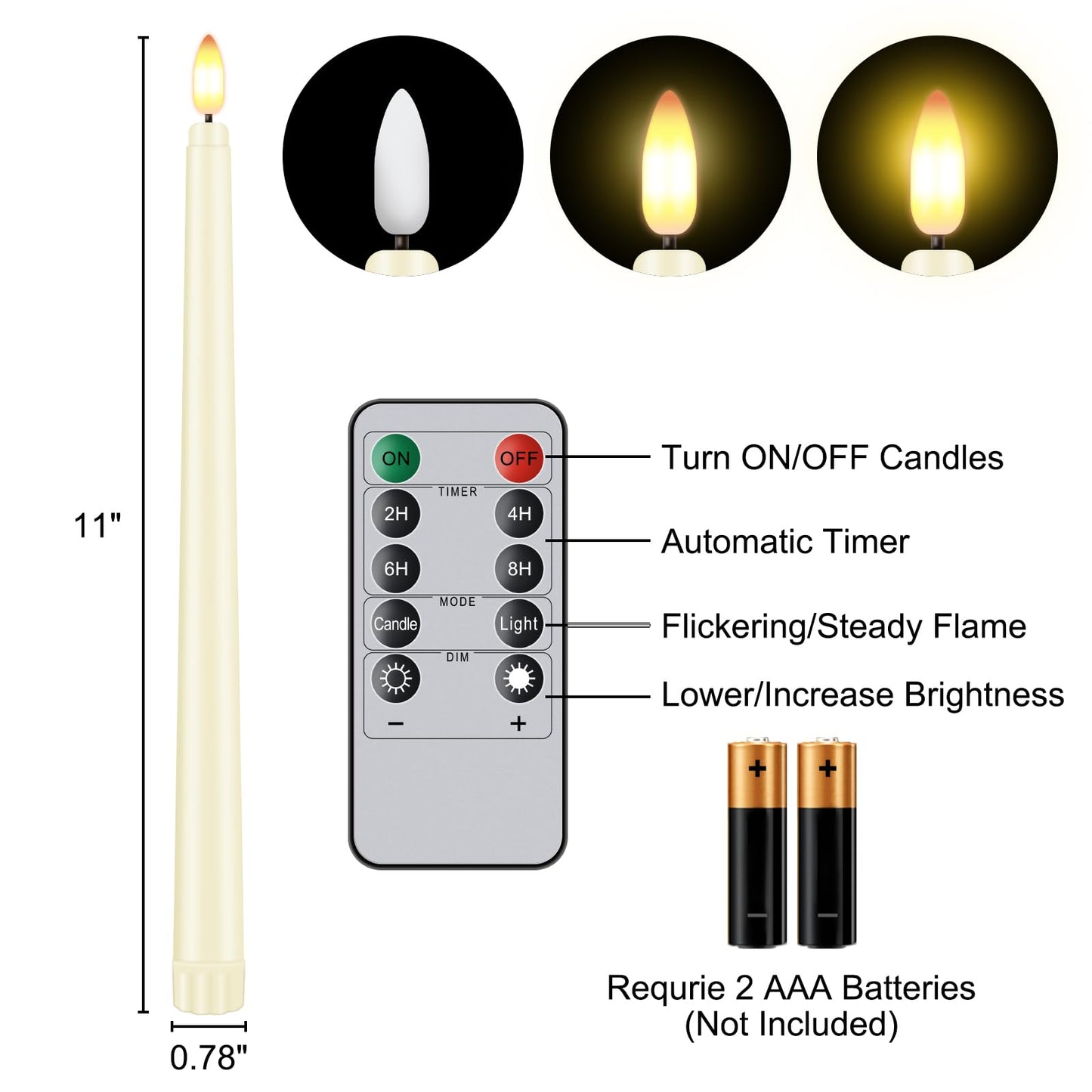 Hopule 12 Pcs Flickering Flameless LED Taper Candles, 11" Long Fake Taper Candles Battery Operated with Remote Timer, Ivory Plastic Electric Candlesticks for Wedding Party Christmas Holiday