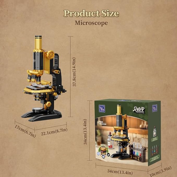 PANTASY Retro Microscope Building Kit for Adults Antique Science Instrument Model with Mechanical Design Brass Finish & Lab Accessories Collectible Display Brick Set