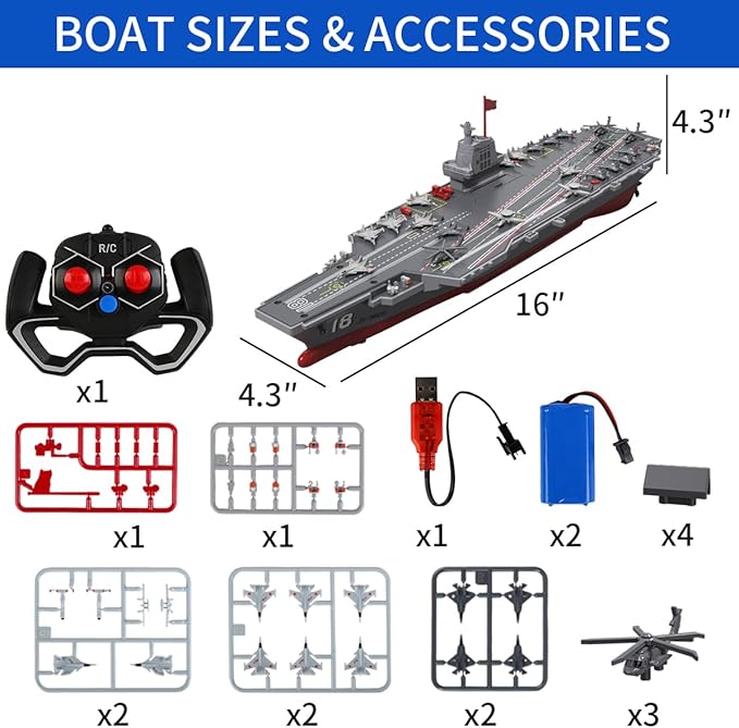 RC Boats for Kids 8-12 16-inch Warship Battleship Aircraft Carrier with 2 Rechargeable Batteries 15mph High Speed Remote Control Military Ship for Pool & Lake Exhibits Model Gift for Boys