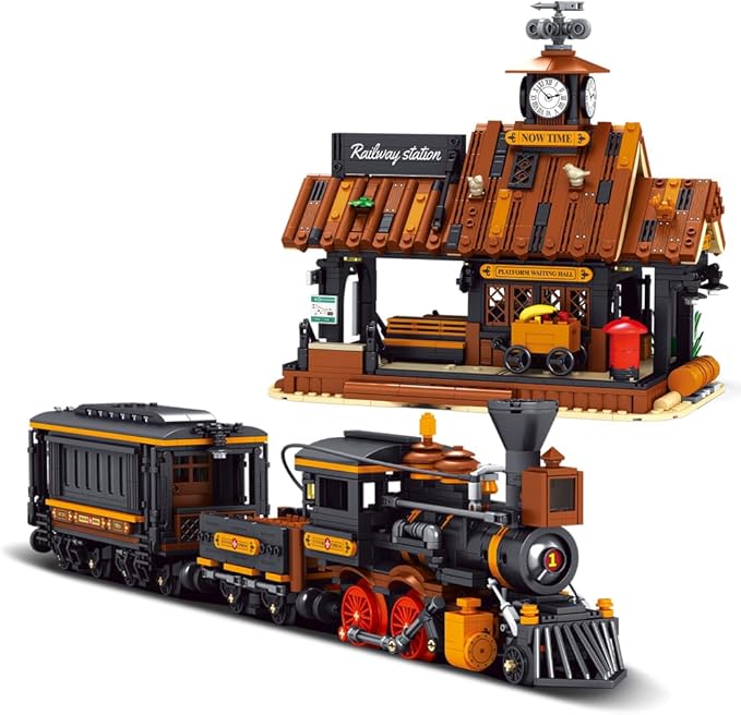 39117 Cowboy City Train Station Building Blocks with LED Lights 2640 PCS Western Railway Station & Steam Train Model Kit for Adults Wild West Architecture