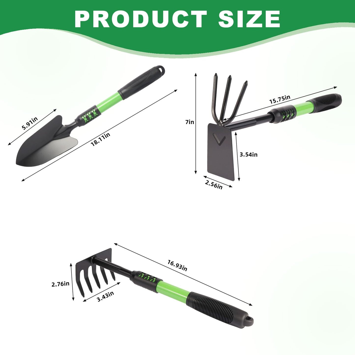 Zenrok Garden Tool Set, 3 Pack Lightweight Heavy Gardening Kit Including Hand Shovel, Transplant Shovel and Hand Rake with Soft Rubber Non-Slip Handle, for Planting Weeding Digging, Green 