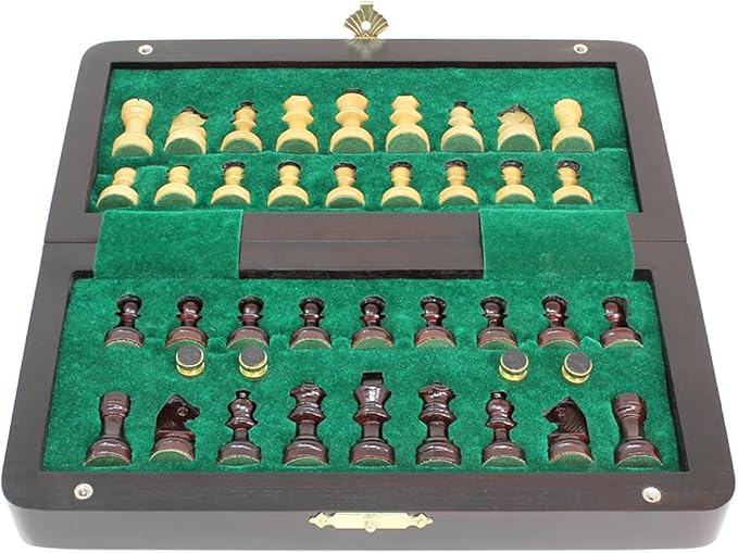 House of Chess - 8 Inch Wooden Magnetic Folding Travel Chess Set - Board with Algebraic Notation + 2 Extra Pawns & 2 Extra Queens- Handmade (Ringy Rosewood)
