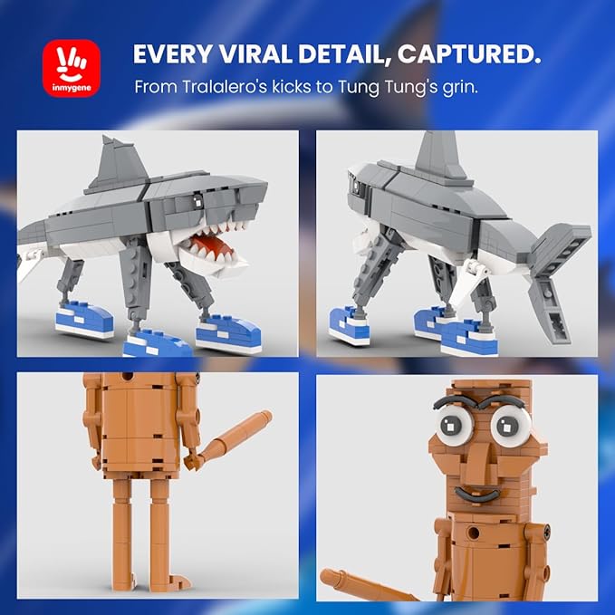 Italian Brainrot Building Set Tralalero Tralala and Tung Tung Tung Sahur Figures Building Kit Shark and Wooden Stick Toy Building for Kids Ages 6+ Birthday Gifts for Men & Women