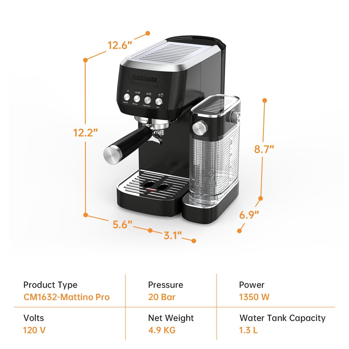 MAttinata Cappuccino Machine 20 Bar, Professional Espresso Machines for Home and Office with Automatic Milk Frothering System, Barista Compact Latte Maker for Coffee Lovers, Stainless Steel-Black