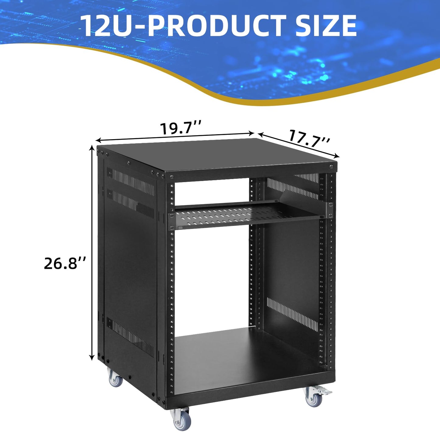 12U Rack with Caster Wheels, Heavy-Duty AV Rack with Adjustable Steel Shelf, Open Frame Server Rack for IT, AV, Data & Computer Equipment, 500lb Capacity, 19.7" W x 17.7" D x 26.8" H