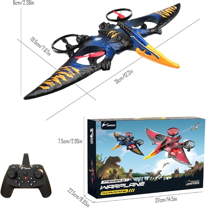 Dinosaur Remote Control Drone 2.4G EPP Foam RC Pterodactyl Hobby RC Airplanes with 6-Axis Gyro One Key Takeoff Landing Stunt Roll & 360 Flip Fighter Jet Toy Christmas Birthday Gift for Boys Gi