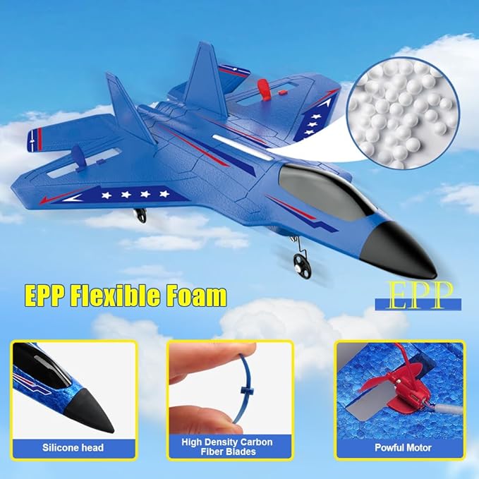 Fremego RC Airplane F22 Fighter Jet for Kids & Adults 2.4GHz Remote Control with Gyro Stabilization LED Lights Crash Resistant EPP Foam Perfect Beginner Gift(Blue)