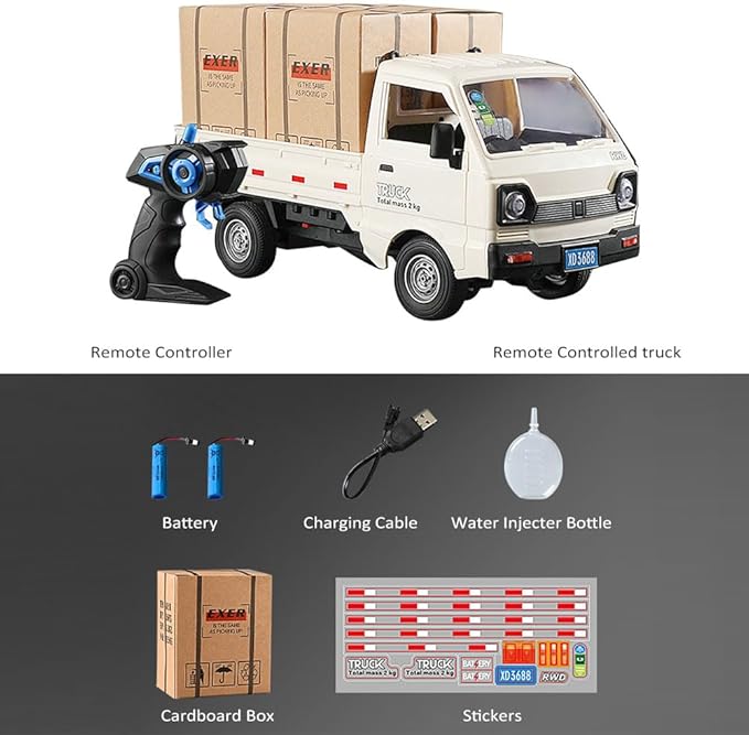Remote Control Car RC Kei Truck1:16 Scale RC Transporter Pickup Truck 2.4GHz All Terrain RC Transport Cars with Spray & Light 2 Batteries (White)