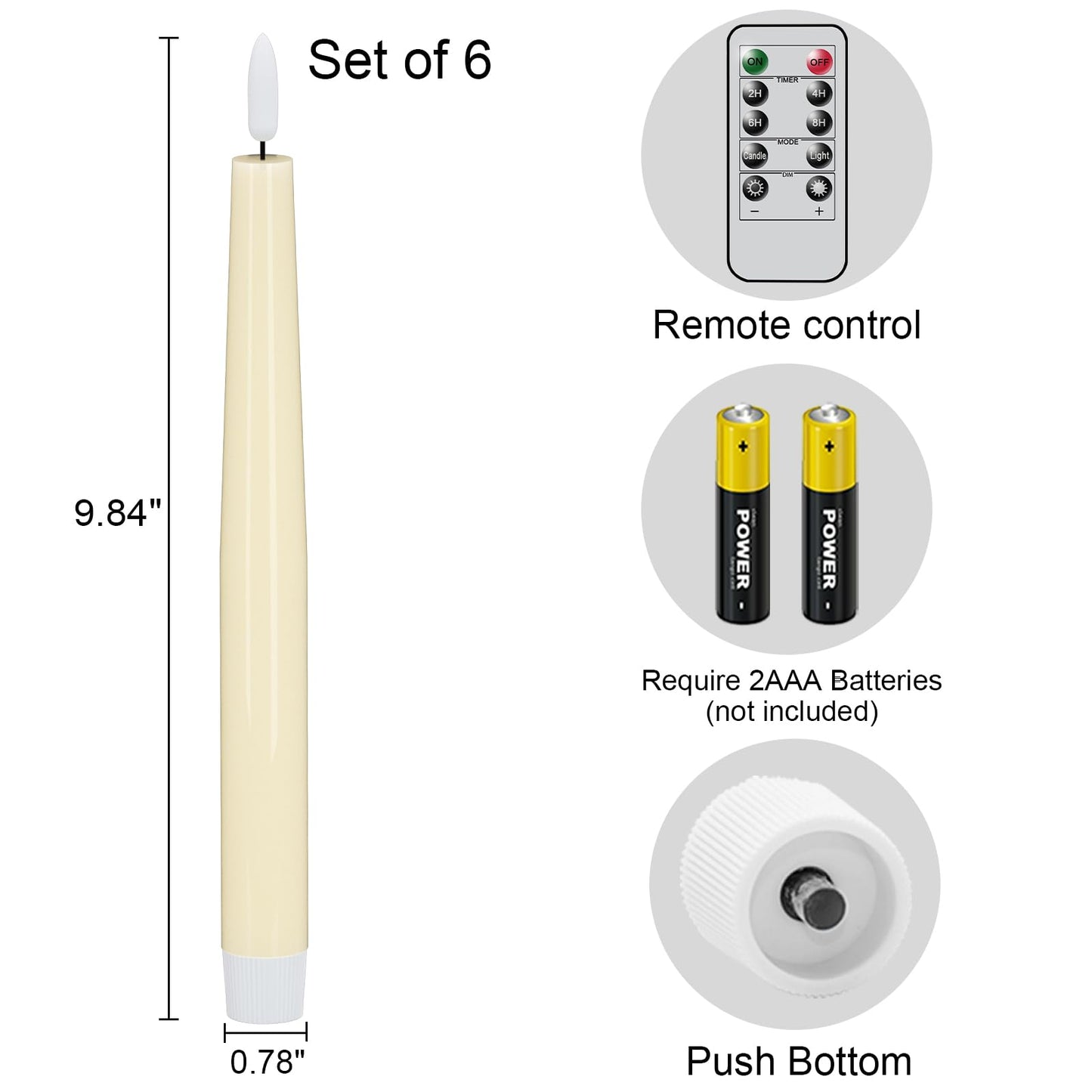 GenSwin Flameless Taper Candles with Remote, Ivory LED Taper Candles Battery Operated, Real Wax Flameless Candlesticks with 3D Wick for Home Halloween Christmas Decor(Set of 6, 0.78” x 9.84”)