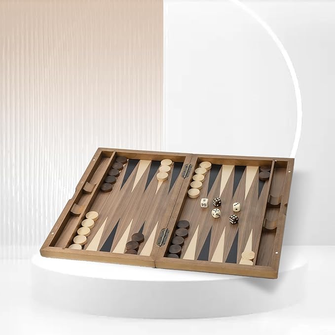 GSE Games & Sports Expert Premium Wooden Folding Inlay Backgammon Board Set Classic Traditional Strategy Board Games (Double Stripe- 17 Inches)