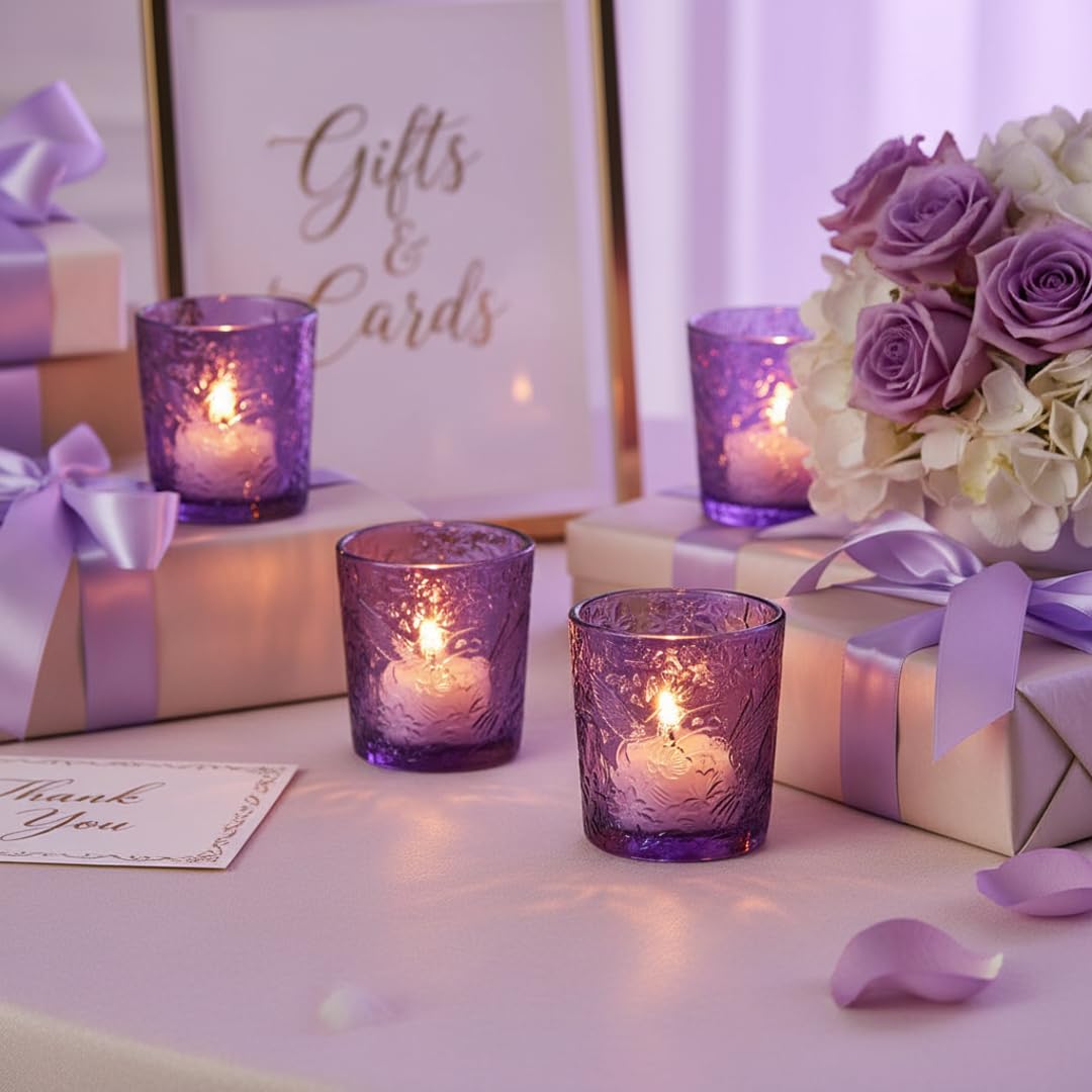 12 Pack Hummingbird Embossed Glass Candle Holders – Votive Tealight Holders with Patent Design, Decorative Embossed Glass Cups for Wedding Centerpieces, Parties, and Home Décor (Amethyst Bloom)