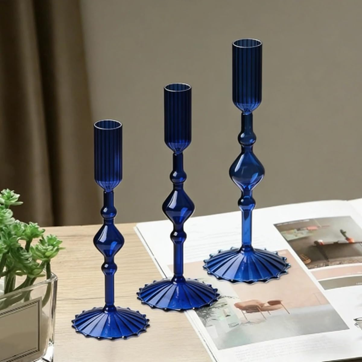 Mineaud 3Pcs Glass Candlestick Holders Glass Taper Candle Holders Groovy Wavy Elegant Candle Stick for Home Party Decoration,Styled-Blue