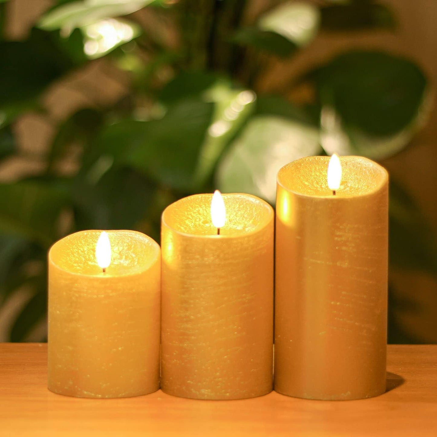COVEGE Gold Flameless Candles with Remote, Flickering Real Wax Battery Operated Candles with Timer, Set of 3 LED Pillar Candlesfor Home Room Decor Christmas Decoration