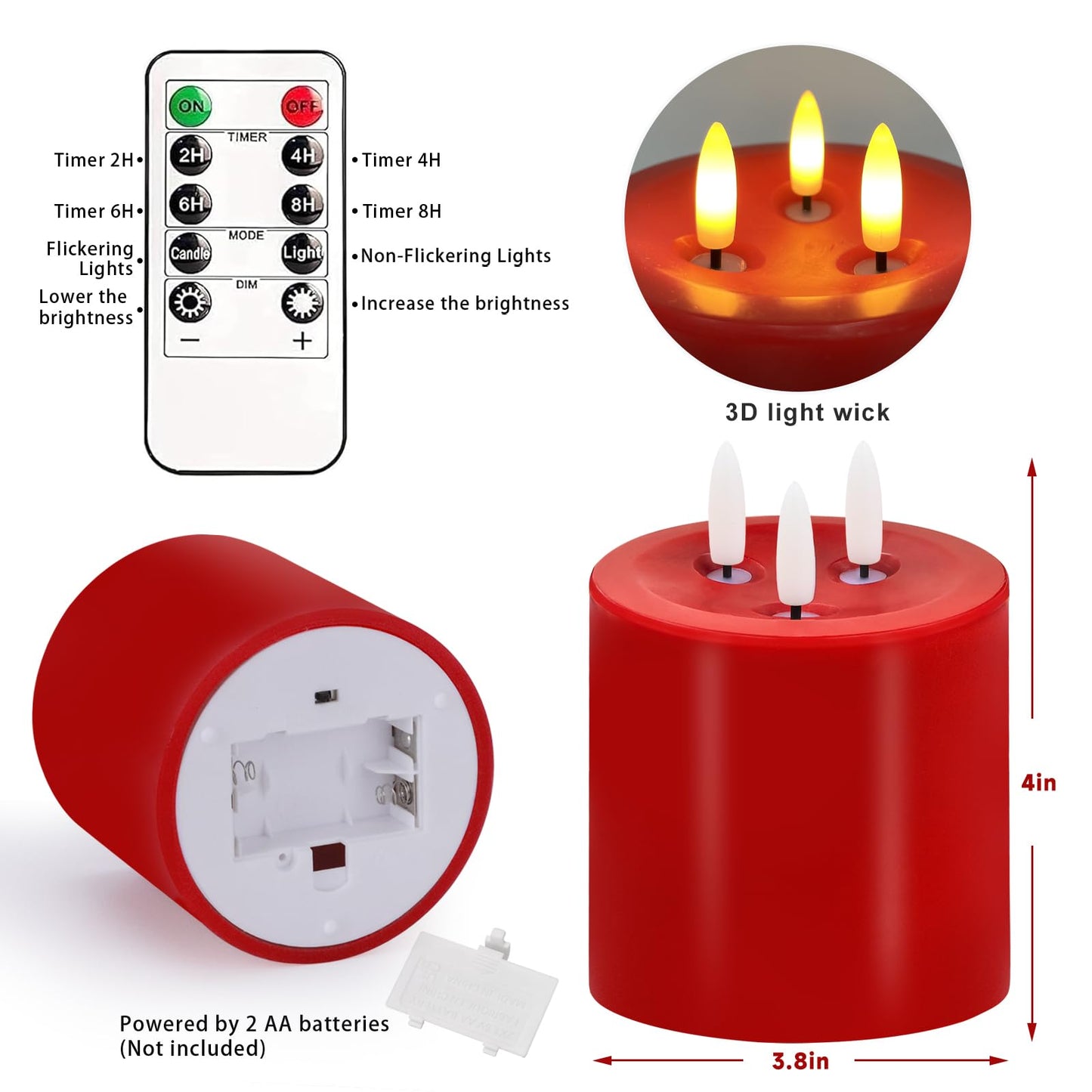 VEEKI Large 3 Wick Flameless Candles, 4"x4" Flickering Flameless Candles with Remote & Timer, Dimmable Real Wax LED Candles Battery Operated, Electric Pillar Candles for Home Xmas Decor (Red)