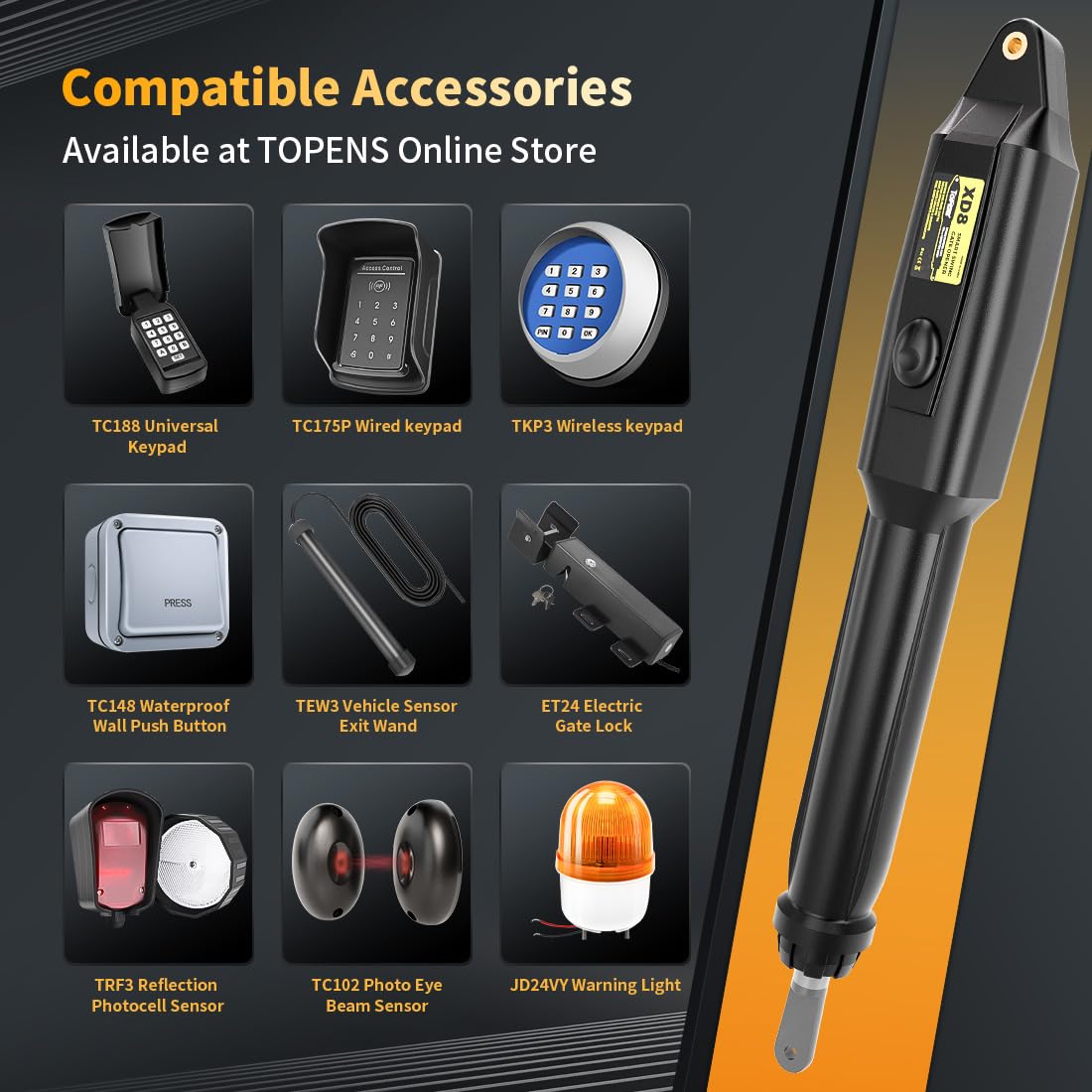 TOPENS XD852S Smart Gate Opener for Heavy Duty Solar Dual Swing Gates Up to 18ft per Arm, Automatic Gate Opener with App Control AC Powered Remote Control Kit Solar Panel Included