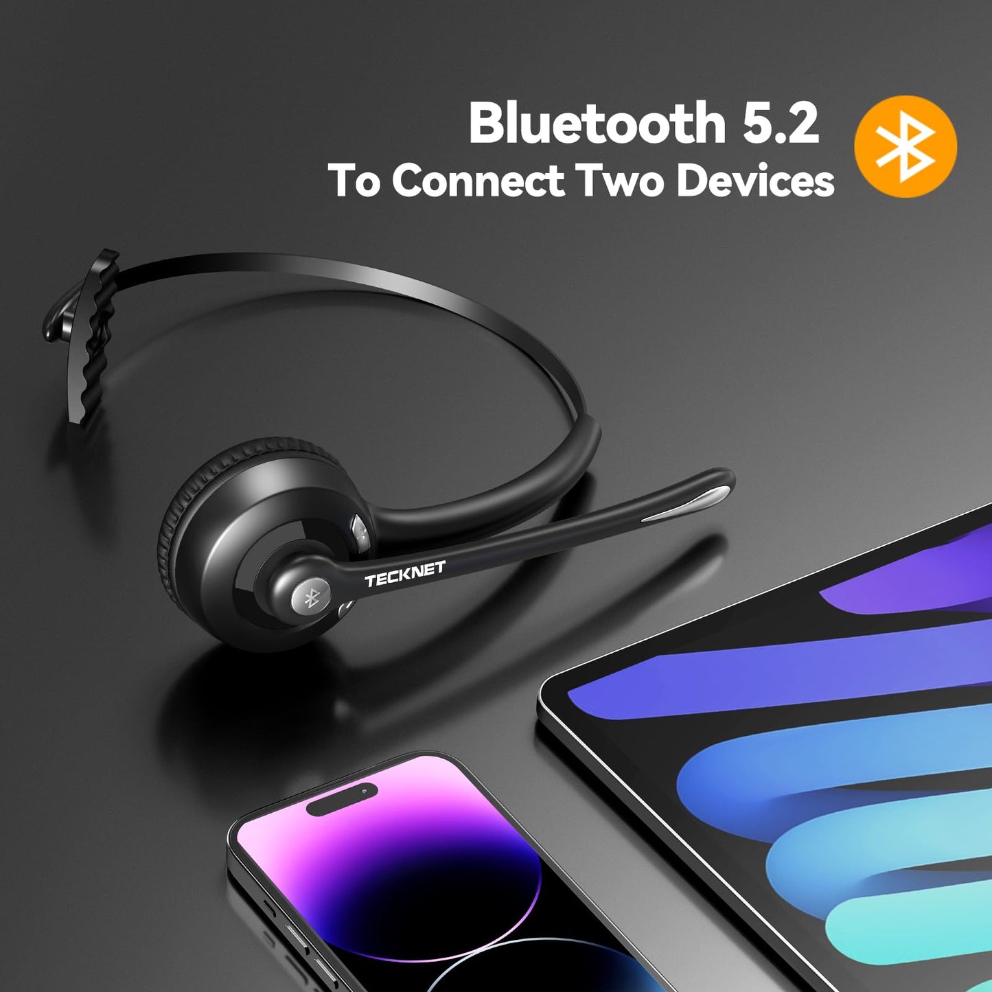 TECKNET Bluetooth Headset, Wireless On Ear Headphones with Noise Cancelling Microphone for Trucker, Hand Free Wireless Headset with Mute Mic for Phone