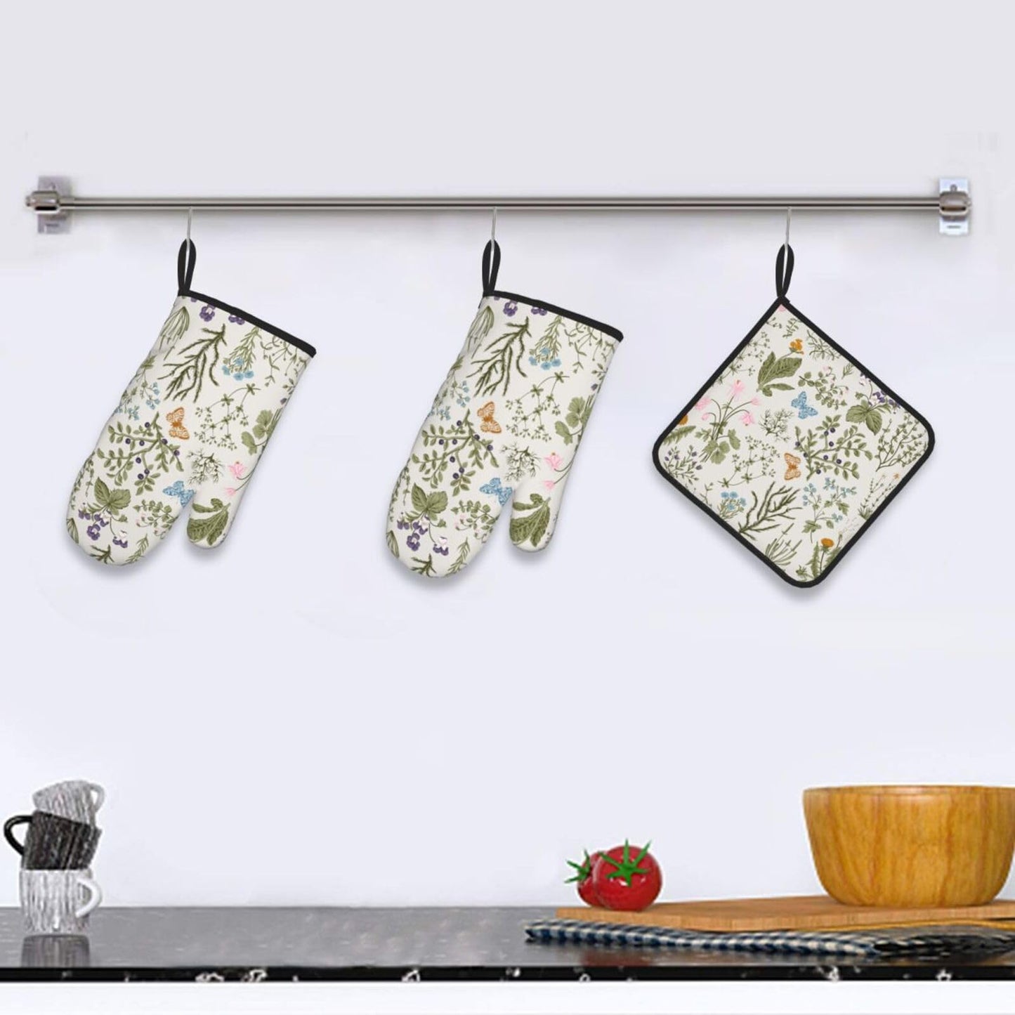Vintage Floral Oven Mitts and Pot Holders Sets of 3 Cute Botanic Hot Pads Herbs and Wild Flowers Oven Gloves Heat Resistant Washable for Kitchen Cooking Grilling Baking