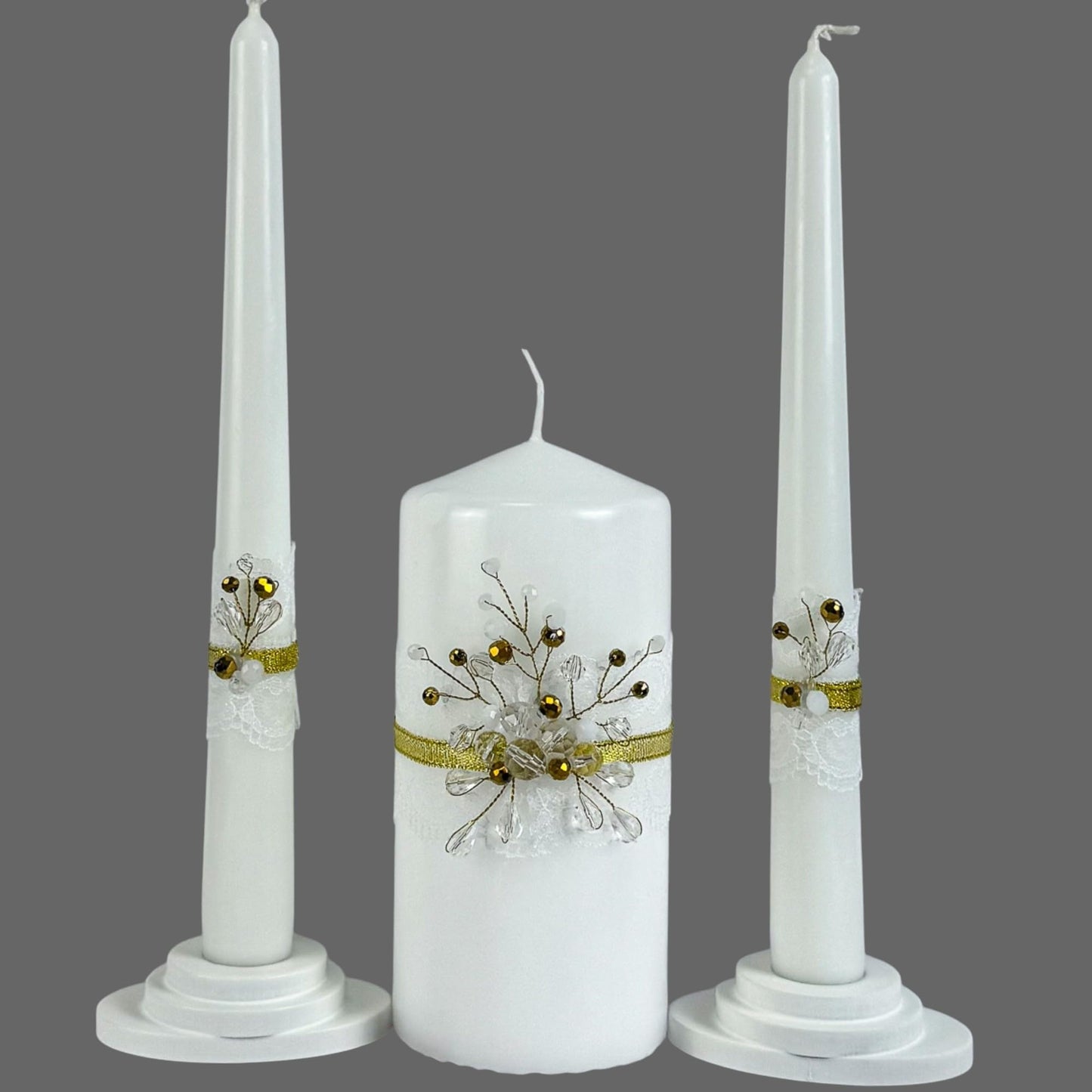 Magik Life Unity Candle Set - Wedding Ceremony & Reception – 6” Pillar & Two 10” Taper Candles – Long Burning Unity Candles for Marriage Ritual – Handmade in USA – Diamond |Gold