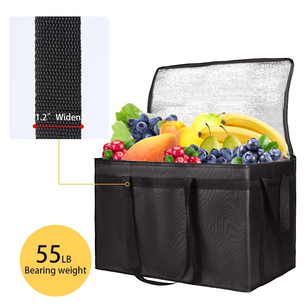 CIVJET Insulated Food Delivery Bag, XXXL Insulated Reusable Grocery Cooler/Hot Bags, Tote Bag for Shopping/Travel, Catering Bag 22x14x13, Black, 3-Pack