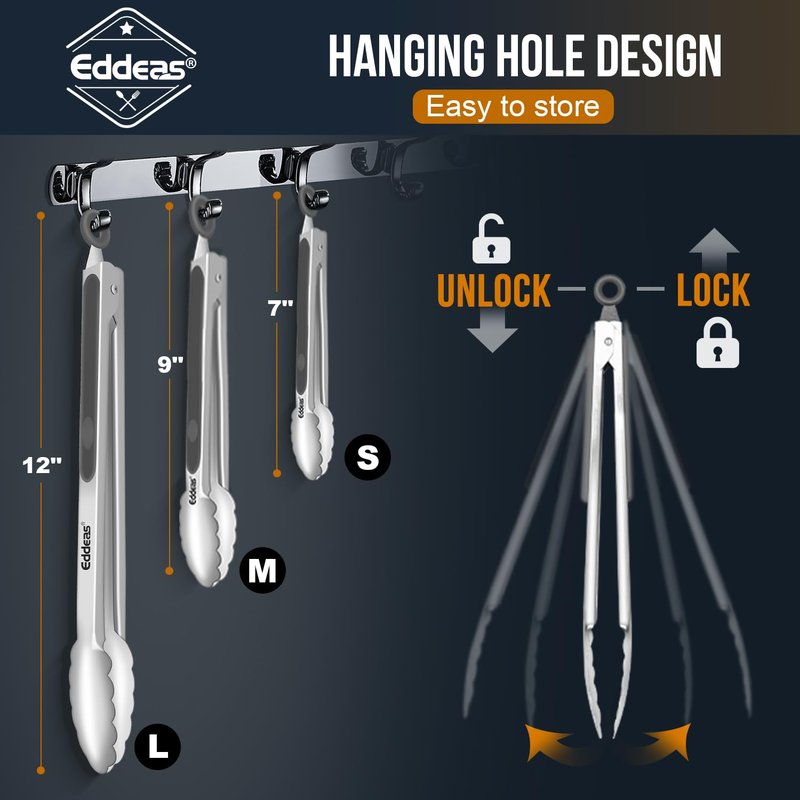 EDDEAS Tongs For Cooking - Heat Resistant 600 Degrees Stainless Steel Kitchen Tong,Heavy Duty Metal Locking Tongs - Perfect for Food, BBQ set of 3 (7",9" and 12") Grey