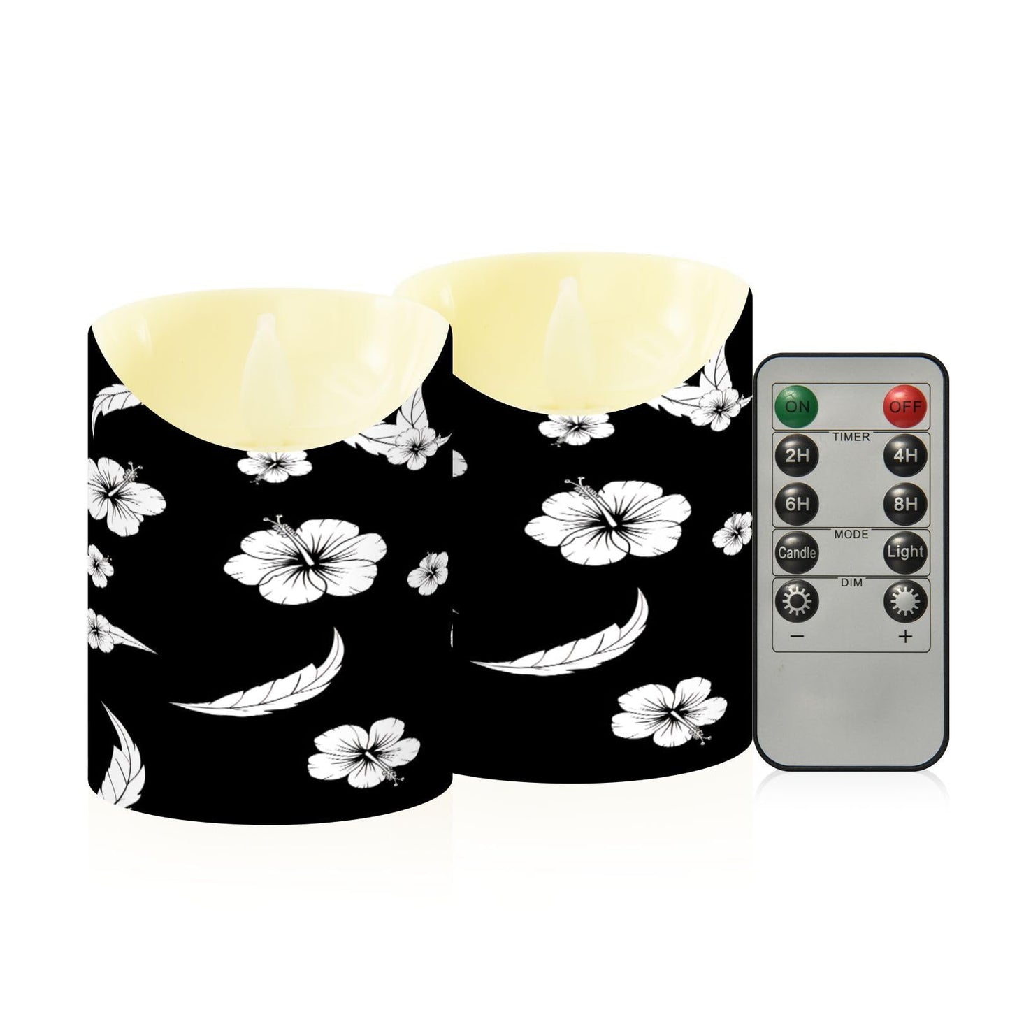 Gravopti Black White Hibiscus 2 Pack Flameless LED Pillar Candles with Remote & Timer, Battery Operated, Flickering Wax Candle for Wedding, Romantic Home & Party Decor