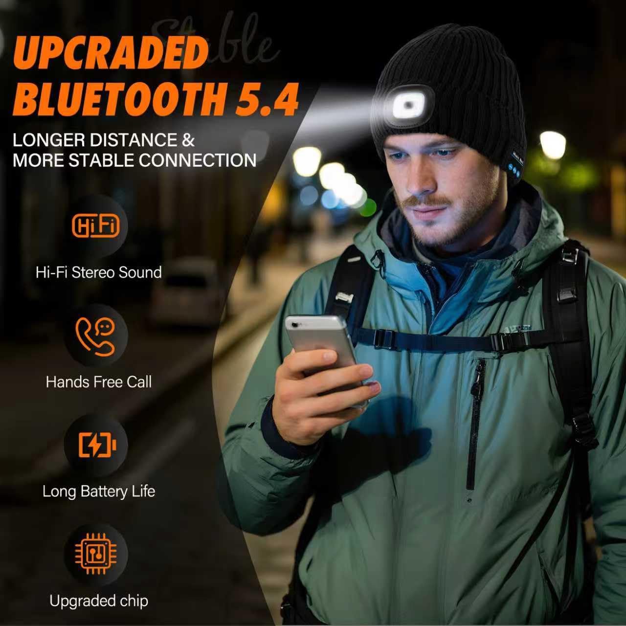 AHASTI 2 Pack Bluetooth Beanie Hat with Light for Men, Rechargeable LED Beanie with Light, Headlamp Cap Wireless Headphones, Christmas Gifts for Teens Stocking Stuffers for Men Dad(Black&Gray)