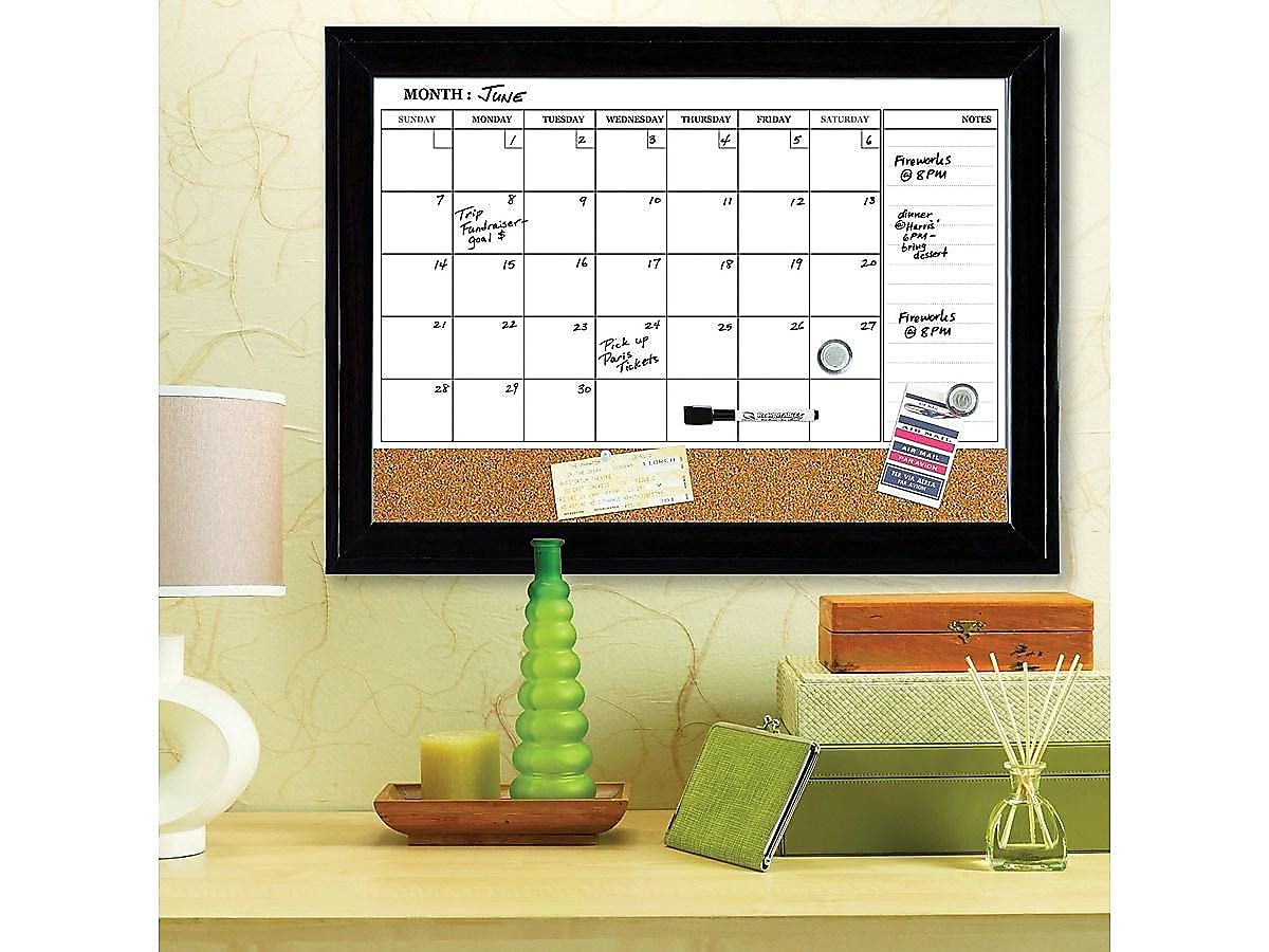 Quartet Combination Magnetic Whiteboard Calendar & Corkboard, 17" x 23" Combo Dry Erase White Board & Cork Bulletin Board, Message Board, Black Frame (79275)