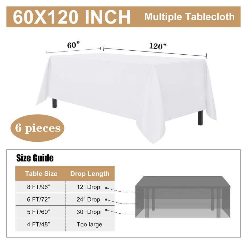 sancua 6 Pack White Tablecloth 60 x 120 Inch, Rectangle Table Cloth for 8 Feet Tables - Stain and Wrinkle Resistant Washable Polyester Table Cover for Dining Tables, Buffet Parties and Camping