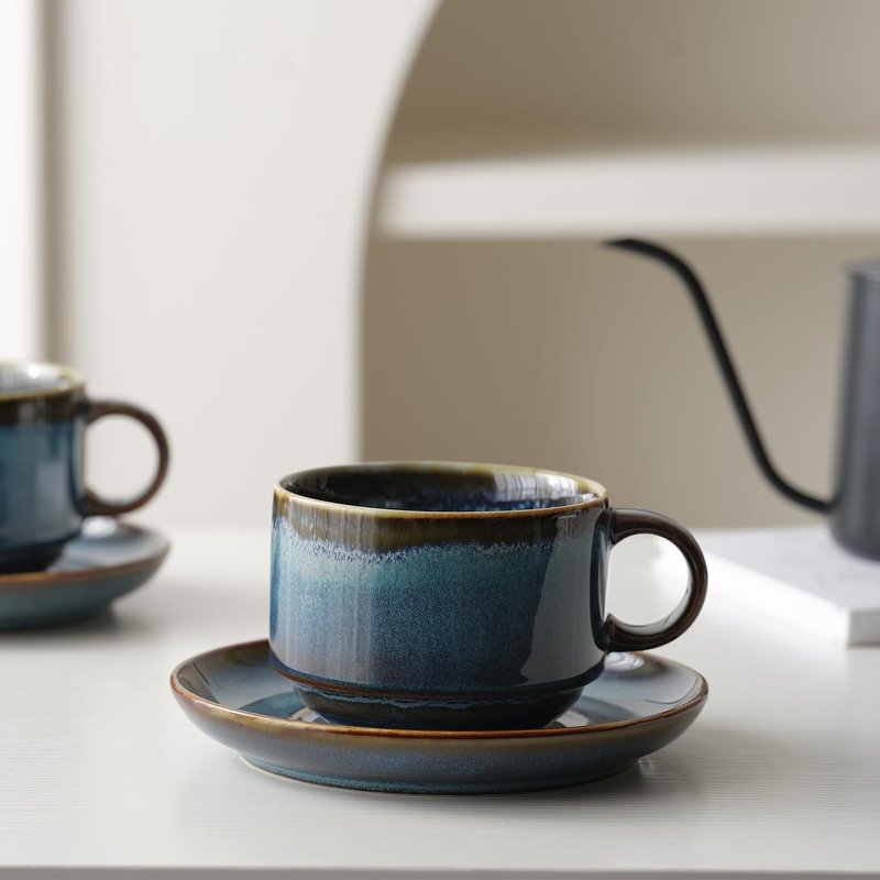 MIKIGEY Ceramics 10oz Cappuccino Cups with Sacuer, Set of 2, Coffee Cup for Au Lait, Latte, Tea, Mocha-Set of 2, Dishwasher and Microwave, Reactive Blue