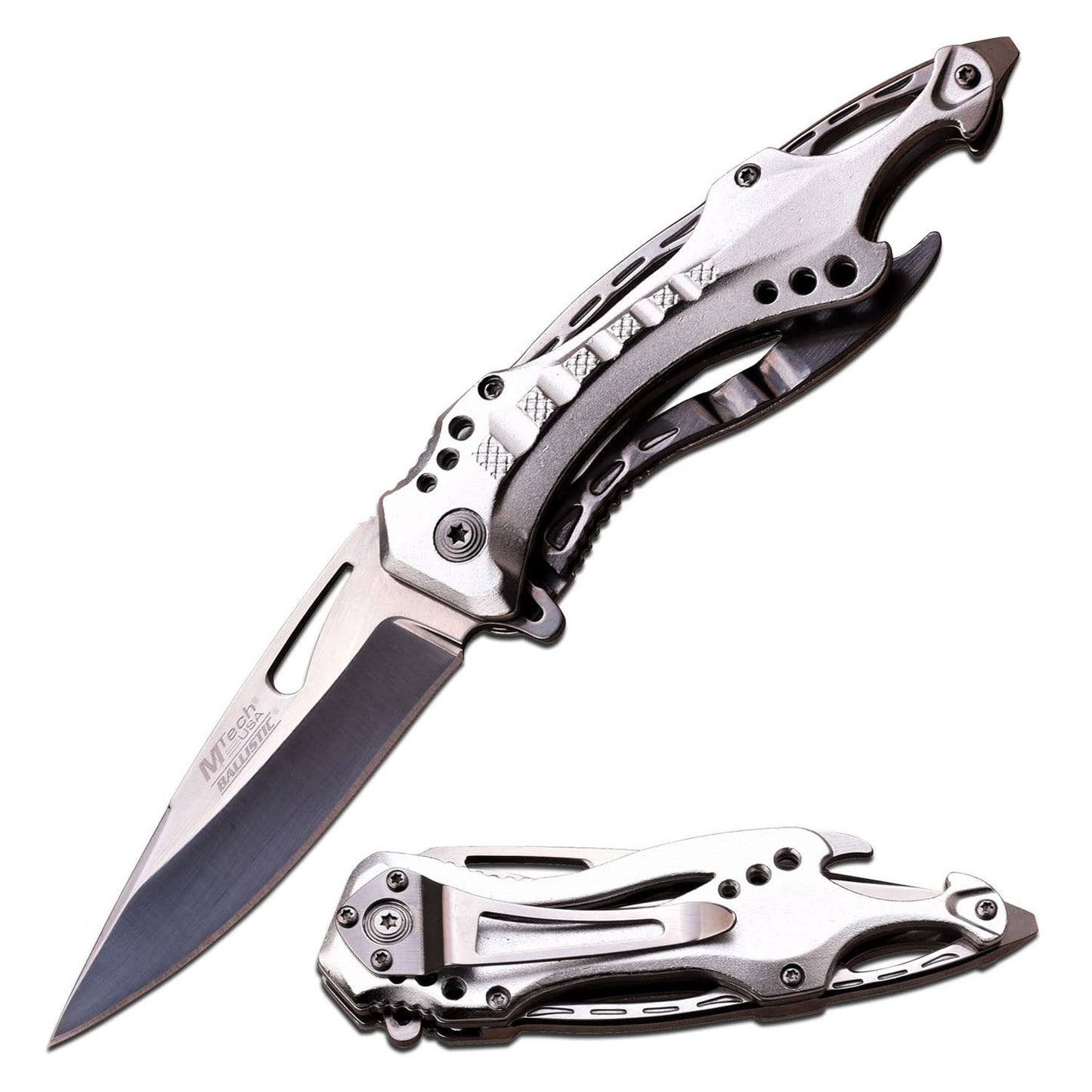MTech USA – Spring Assisted Folding Knife – Mirror Polished Fine Edge Stainless Steel Blade, Sliver Aluminum Handle, Pocket Clip, Tactical, EDC, Self Defense- MT-A705SL