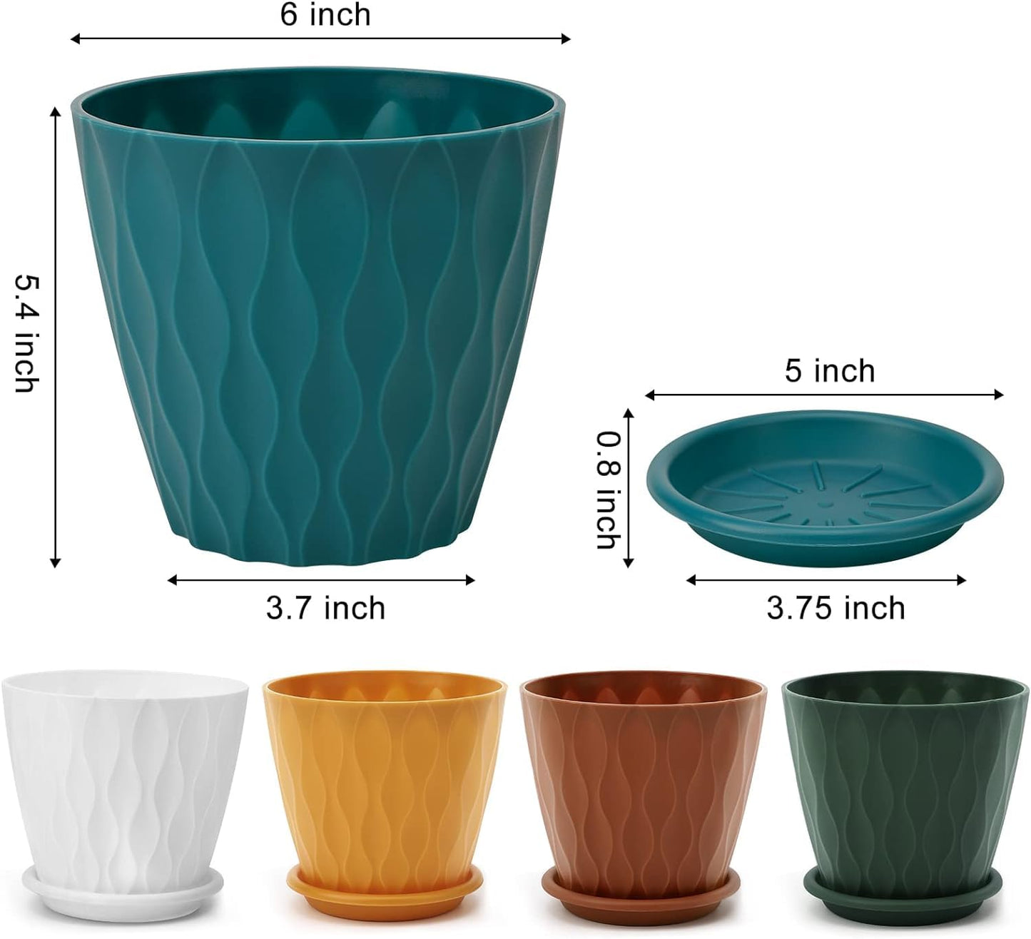 YNNICO 6 inch Plant Pots, 5 Pack Flower Pots Outdoor Indoor, Planters with Drainage Holes and Tray Saucers(Multicolor)