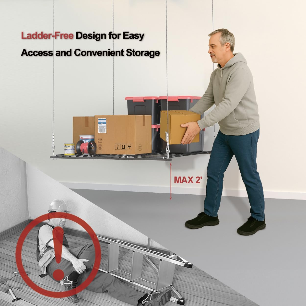 Overhead Garage Storage Rack for 8-10 FT Ceiling, 4x4 FT Ceiling Storage Racks with Safety Lock, Ideal for Garage Storage Mounted Lift System and Storage Organizer, 250lbs Capacity