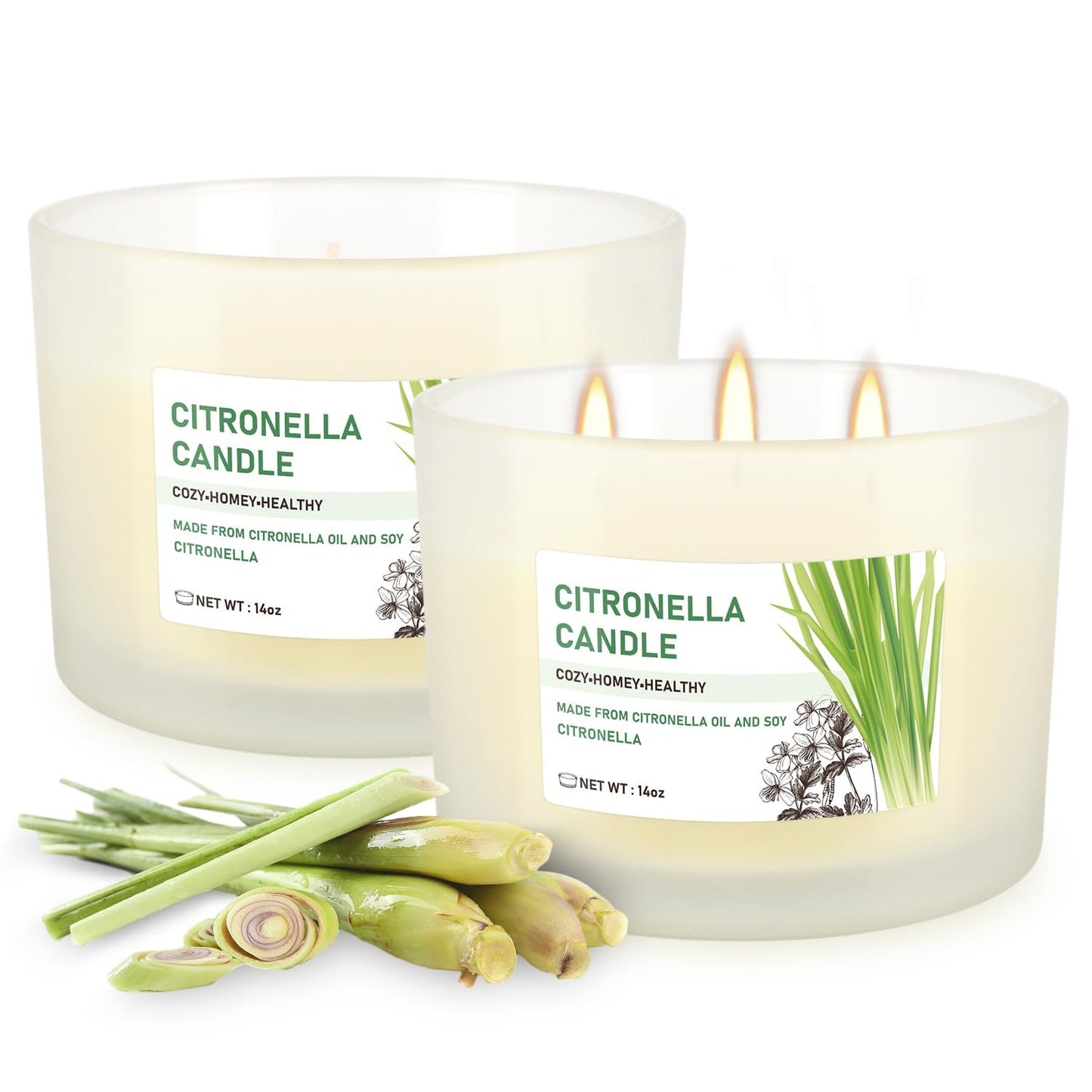 Citronella Candle Set of 2, 14oz Frosted Jar Triple-Wick, Clean & Smokeless for Outdoor Patio, Garden, Deck, Porch Ambiance with Natural Citronella Scent