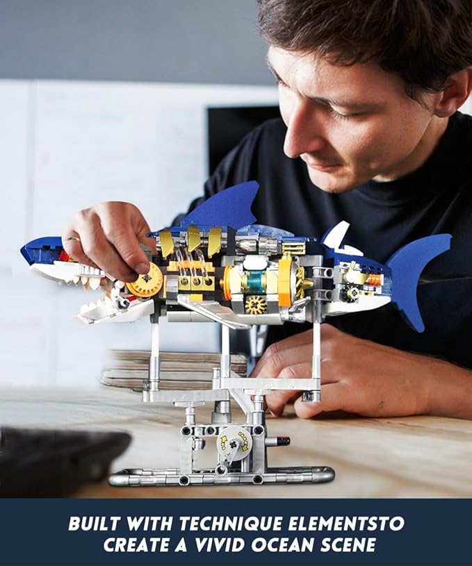Ideas Mechanical Shark Building Set - with Display Stand and Light Marine Animal with Linkage Function for Adults Ocean & Mechanical Enthusiasts. (Compatible with Legos)