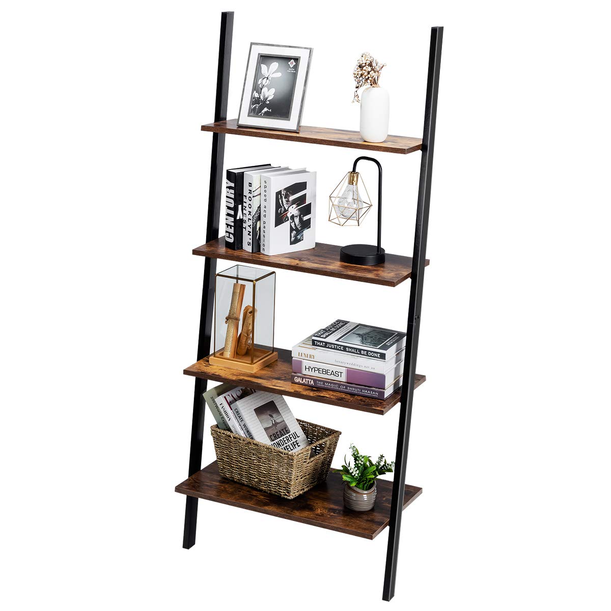 Tangkula Industrial 4-Tier Ladder Shelf, Leaning Against The Wall Bookshelf for Living Room Office, Multipurpose Storage Rack Shelves with Metal Frame, Plant Flower Stand (Rustic Brown)