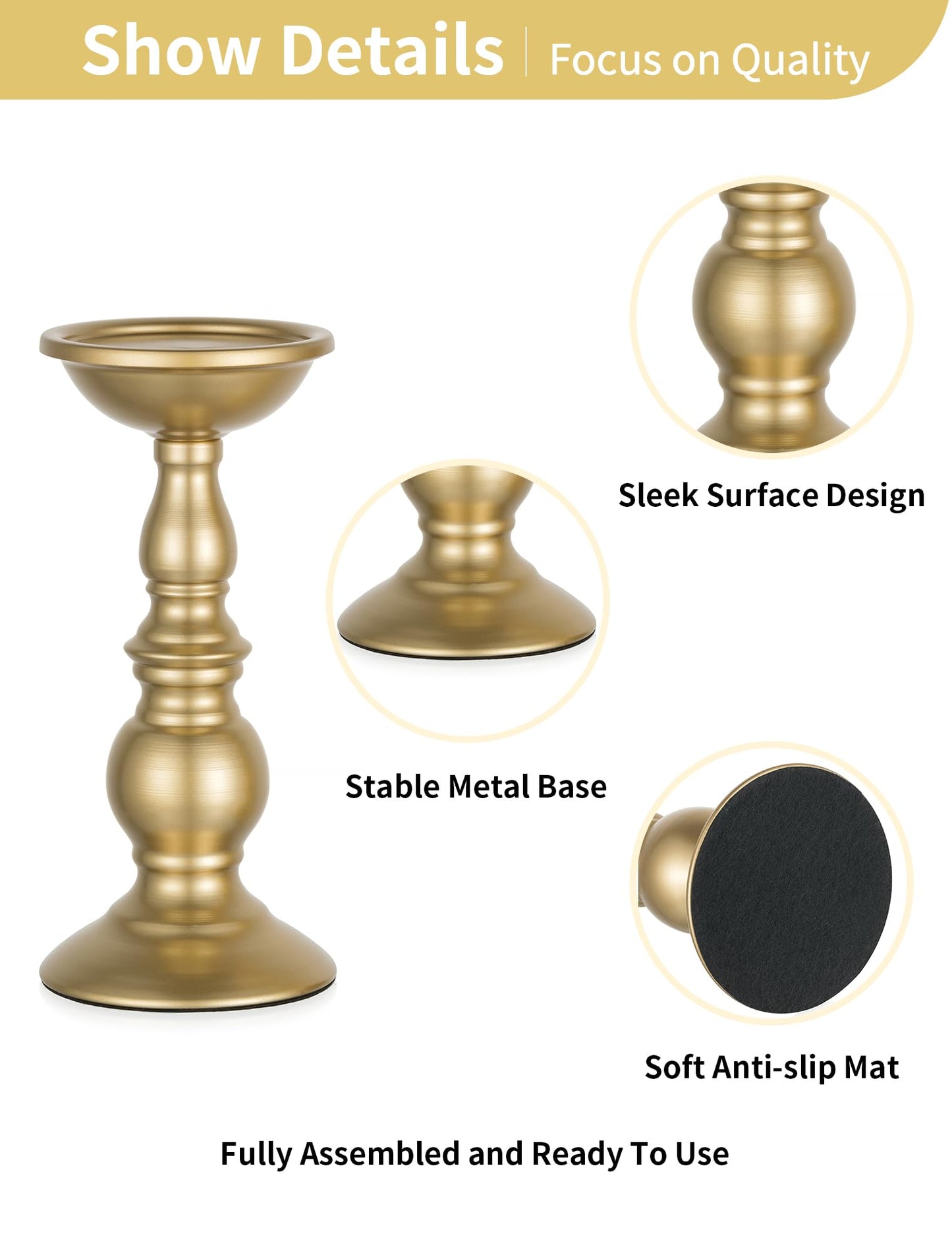 Set of 2 Gold Metal Pillar Candle Holders for 3 inches Dia Candle, Wedding Centerpieces Candlestick Holders Stand Centerpiece Decoration Ideal for Weddings, Special Events, Parties