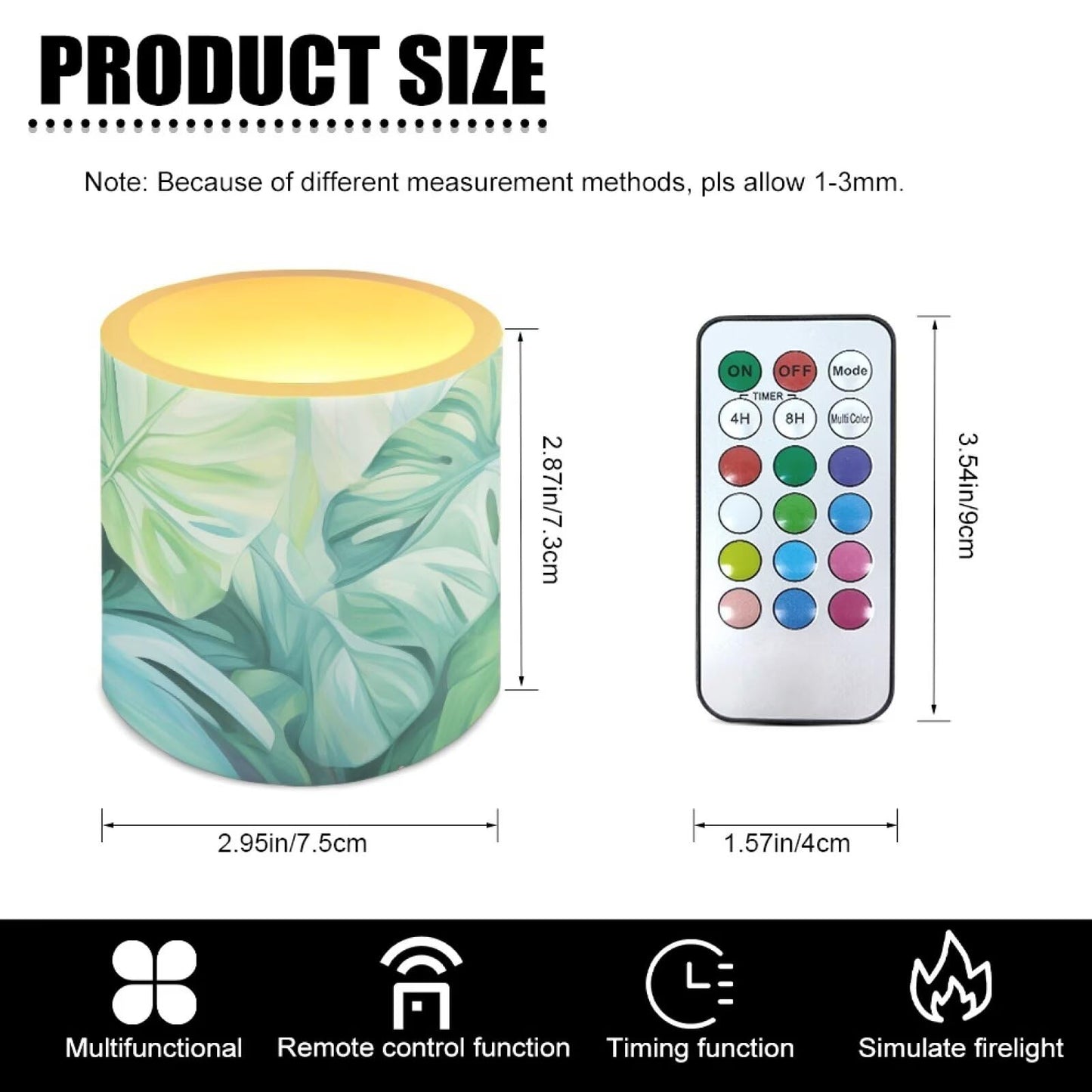 NETILGEN 3 inch Flameless LED Candles with Remote Timer Set of 4 Home Decorative Realistic Flickering Flameless Candles Battery Operated Green Tropical Palm Leaf Print