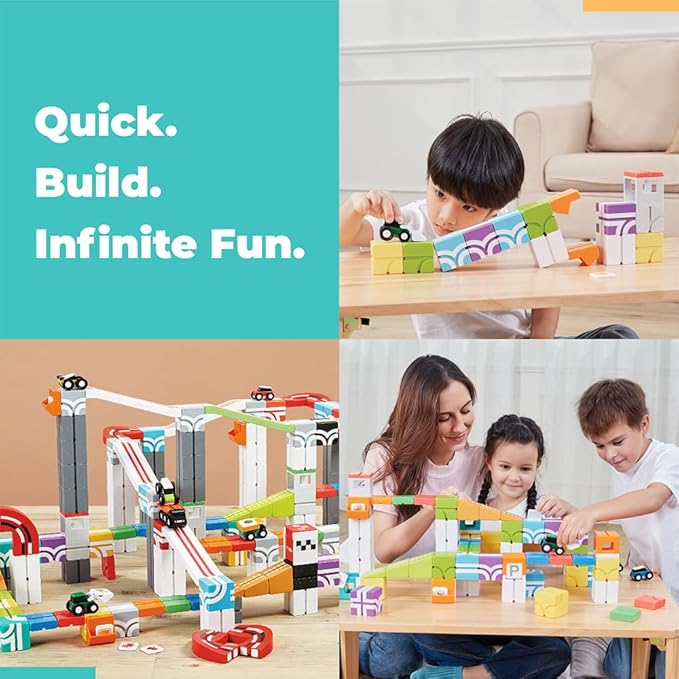 QBI Magnetic Blocks for Toddlers Ages 3+ | STEM Magnetic Block Tracks with Wheel Bulldozer & Tiles | 3D Colorful Magnet Building Blocks for Boys & Girls | Early Learning Sensory Toy – 21 Piece