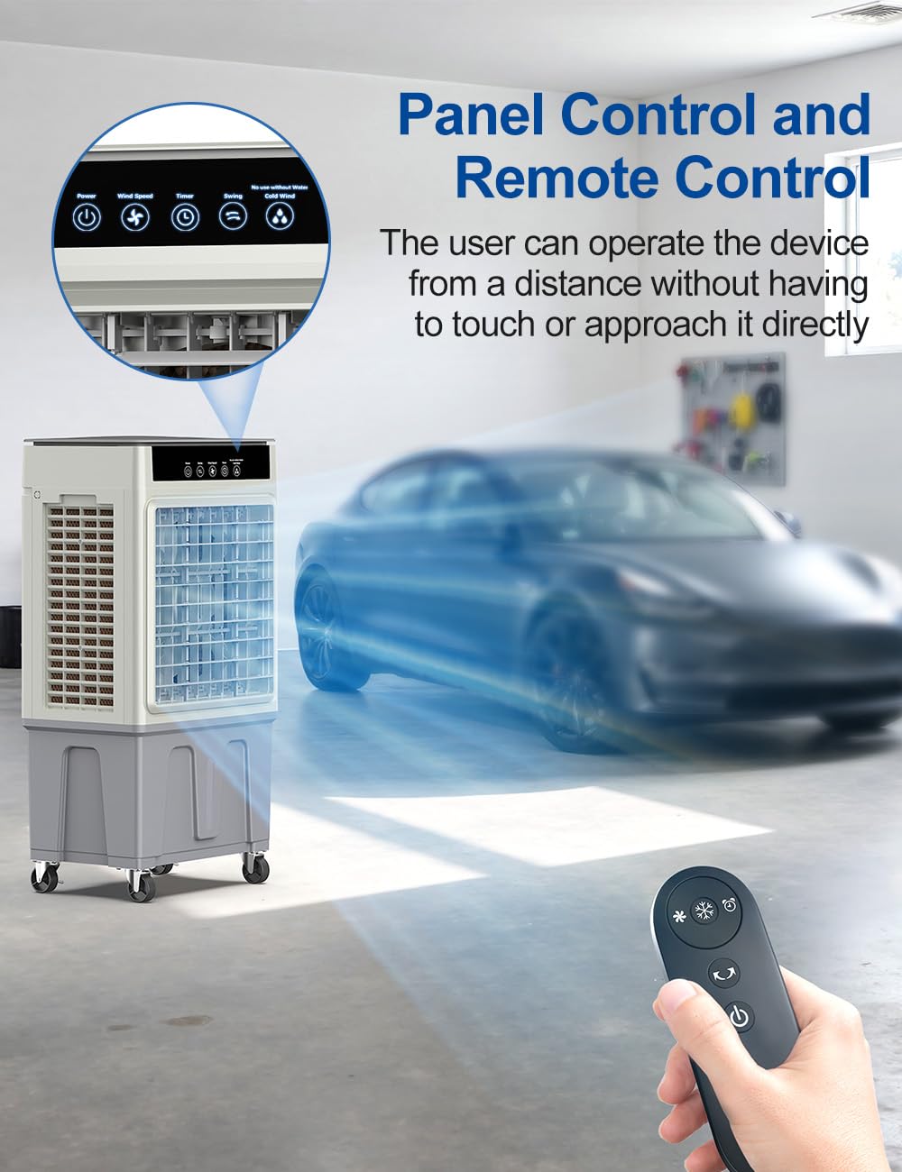 Large Swamp Cooler Air Conditioner, 2200CFM Evaporative Air Cooler, 24H Timer & 8 Gal Water Tank, 100ยฐOscillation, 3 Speeds&4 Ice Boxes,Remote, Portable Cooling Fan for Garage Outdoor, Extra Large