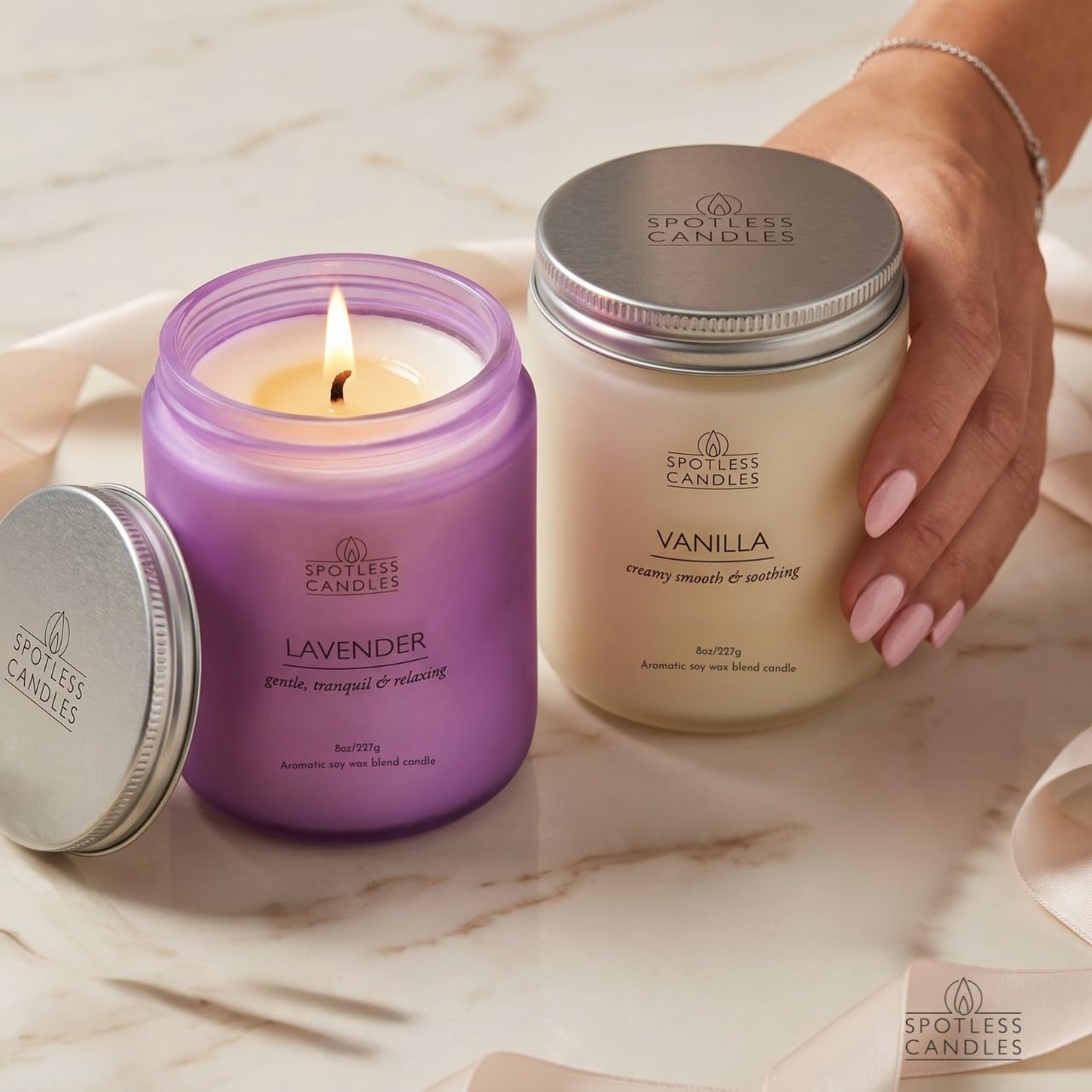 Aromatic Candles Two Pack - 2 x 8 oz Lavender & Vanilla in a Gift Pack, Classic Candle Set for Men and Women by Spotless Leopard