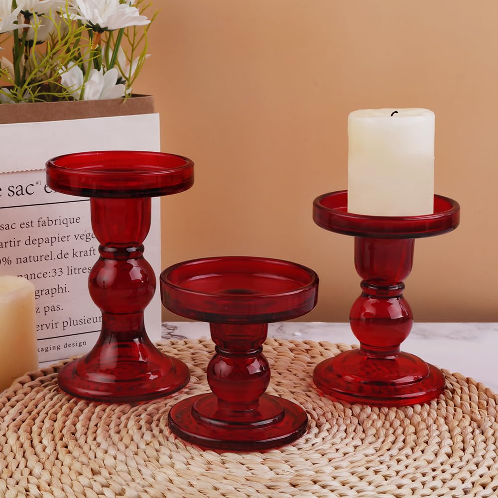 BTGLLAS 6-Piece Set of Red Glass Candlestick, Crystal Candlestick Holder Holder and Conical Candle, Christmas Candle Holder Decoration, Family Living Room Wedding Candle Holder (red2sets)