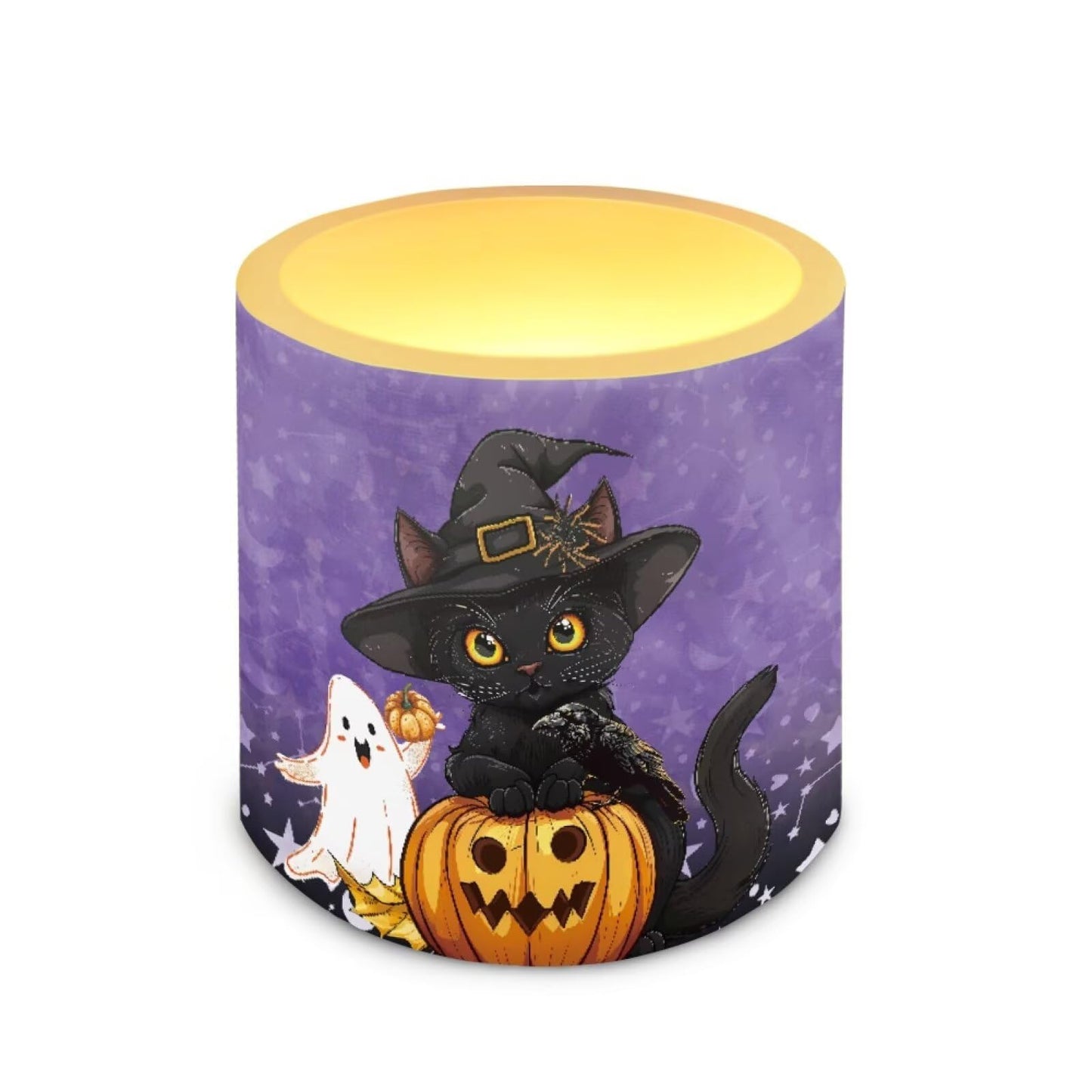 Merkmak Halloween Day Flameless Candles with 18-Key Remote Battery Operated Candles with Timer, Ghost Black Cat Pumpkin Print Flickering LED Elictric Pillar Tealights for Party Banquet