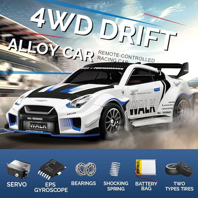 1/43 Scale RC Drift Car 2.4G Full Proportional 4WD Remote Control Car with Gyro Adjustable Speed & LED Lights Alloy RC Vehicle for Adult
