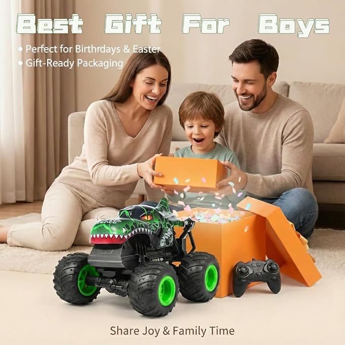 Remote Control Dinosaur Car for Boys 8-12 Sturdy 1:20 Scale RC Monster Truck with LED Lights & Roaring Sound 2.4GHz All Terrain Off Road Toy Vehicle Birthday Easter Gifts for Kids 8-12(Green)