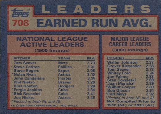 TOM SEAVER STEVE CARLTON STEVE ROGERS 1984 NL ACTIVE CAREER ERA LEADERS - 1984 TOPPS BASEBALL CARD #708 (NEW YORK METS PHILADELPHIA PHILLIES & MONTREAL EXPOS) FREE SHIPPING