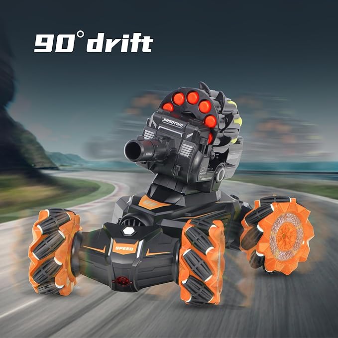 Rc Car Shoot SoftBulletFits for Nerf Remote Control Hand Gesture Stunt Drift Truck 360°Rotating Battle Tanks with Soft Bullets Water Bomb Spray Music Led Toy Gifts(Orange)