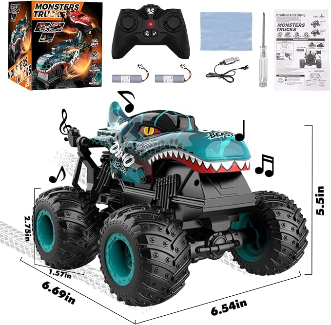 Gohero Monster Truck Toys 2.4Ghz Remote Control Monster Trucks for Boys Age 4-7 1:20 Dinosaur Toys with Light & MusicRC Truck with Stunt 360° Spin Walk Upright& Drift Dinosaur Toy for Ki