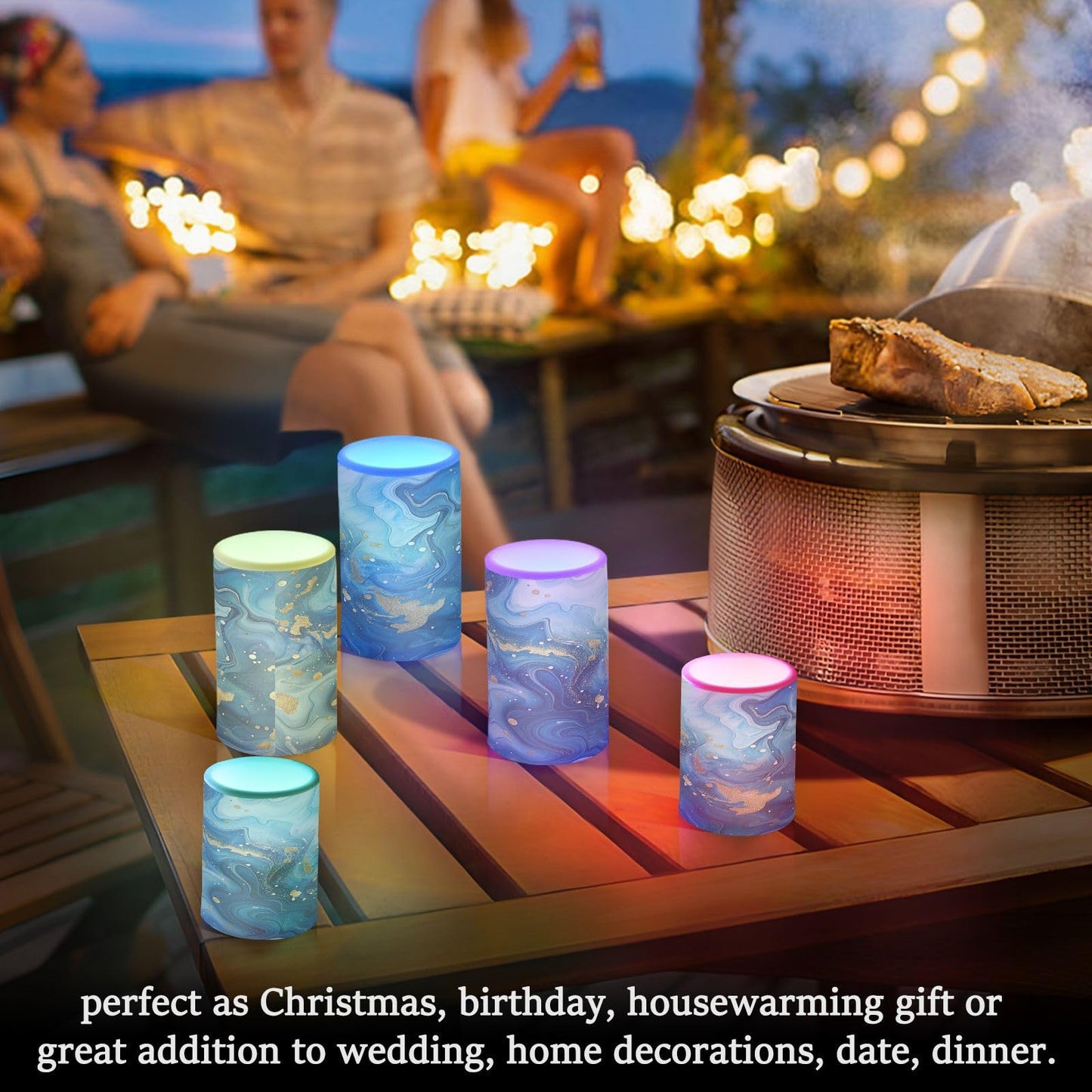 Gravopti Blue Gold Marble Flameless LED Pillar Candles Set, Battery Operated with Remote Timer, 3" x 5" & 3" x 4" Indoor Outdoor Decor (2 Pack)