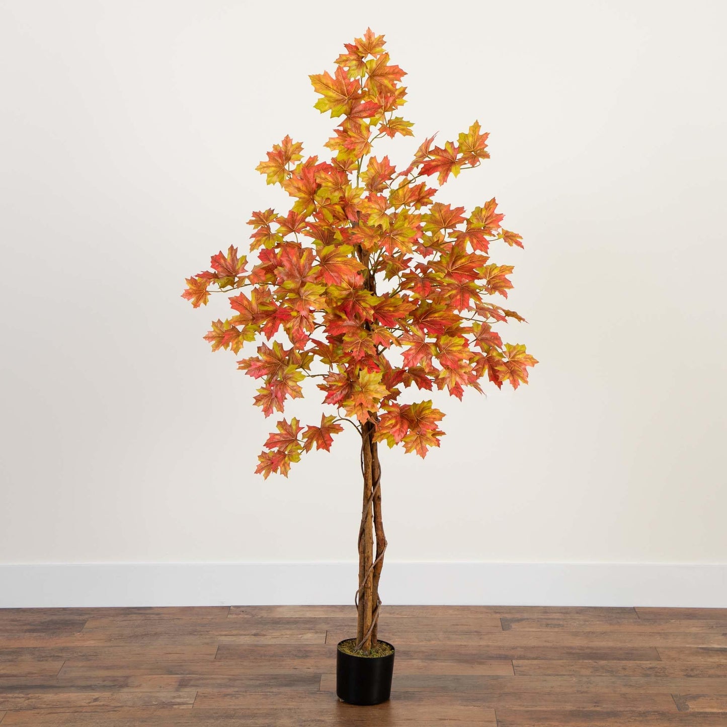 Nearly Natural 5-FT Deluxe Autumn Artificial Maple Tree, Faux Fall Décor for Home, Decorations for Fall, Autumn, Thanksgiving, and Halloween with Black Nursery Pot